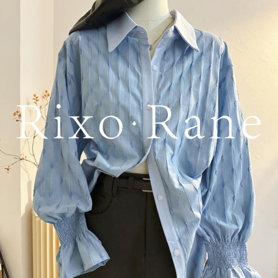 法国Rixo Rane 蓝色POLO翻领刺绣衬衫女宽松复古港风喇叭长袖上衣