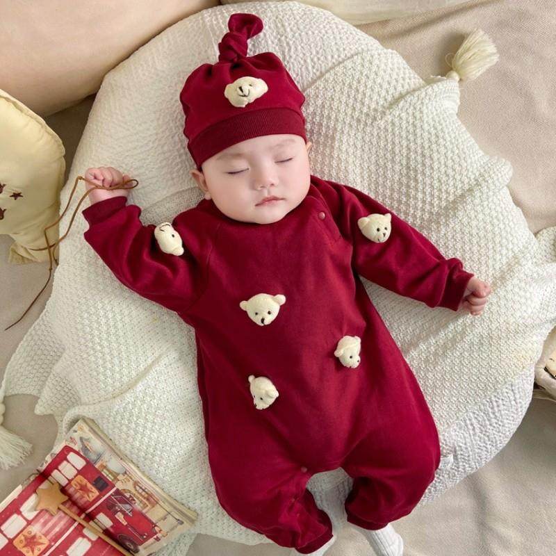 法国BADNUT婴儿秋冬连体衣2025新款韩版宝宝满月红色外出哈衣