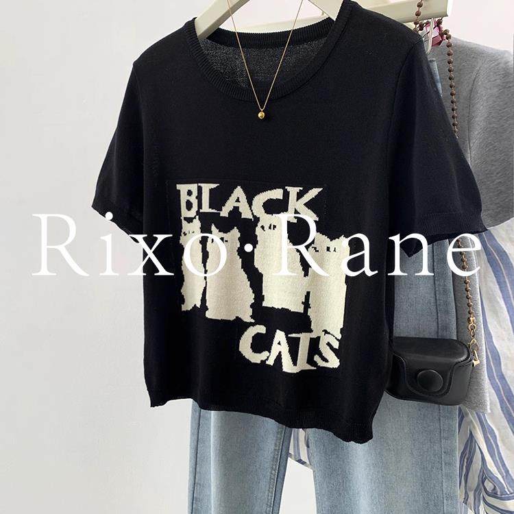 法国Rixo Rane重磅推荐?黑色冰丝针织短袖t恤女正肩半袖薄款上衣