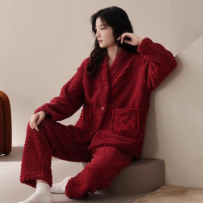 本命年红色睡衣女秋冬新款珊瑚绒加厚加绒法兰绒结婚家居服两件套