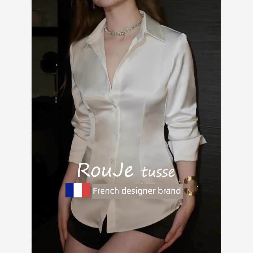 Rouje tusse高级感白色真丝收腰衬衫女春秋款小众职业桑蚕丝衬衣