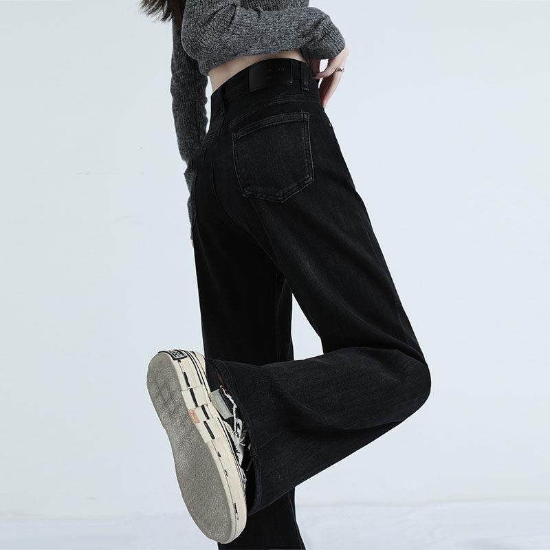 Canary Kiss黑色阔腿牛仔裤女2025春季高腰宽松显高窄版直筒裤子
