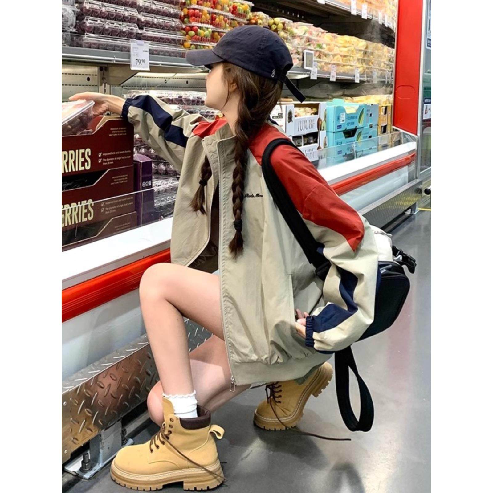 法国Rouje Moaks撞色冲锋衣女小个子2025春秋季棒球服防风短外套