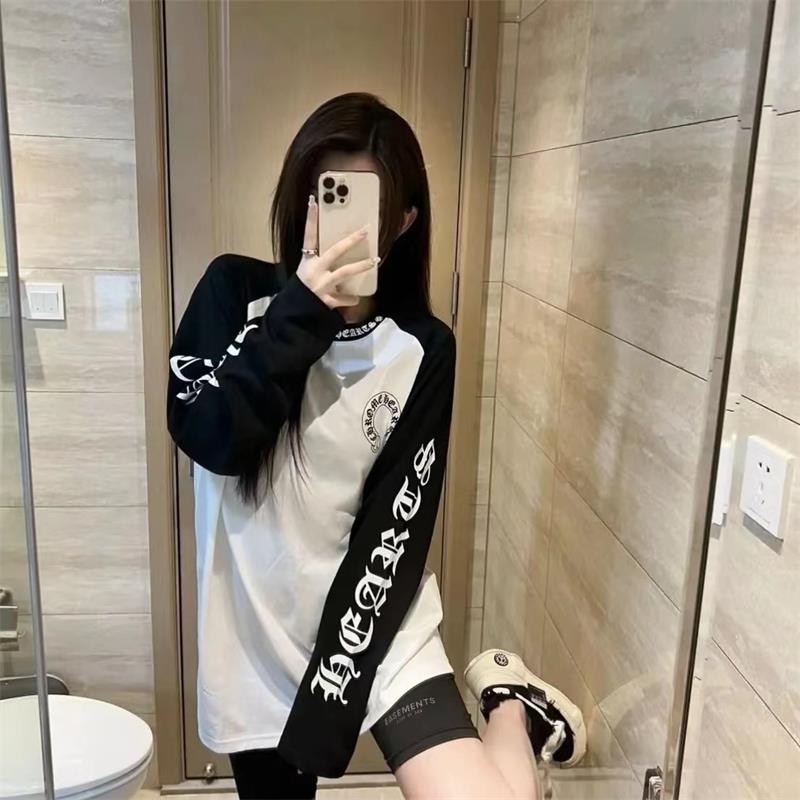 Rouje Dsyle黑白撞色马蹄梵文长袖T恤女春秋宽松印花插肩袖上衣潮