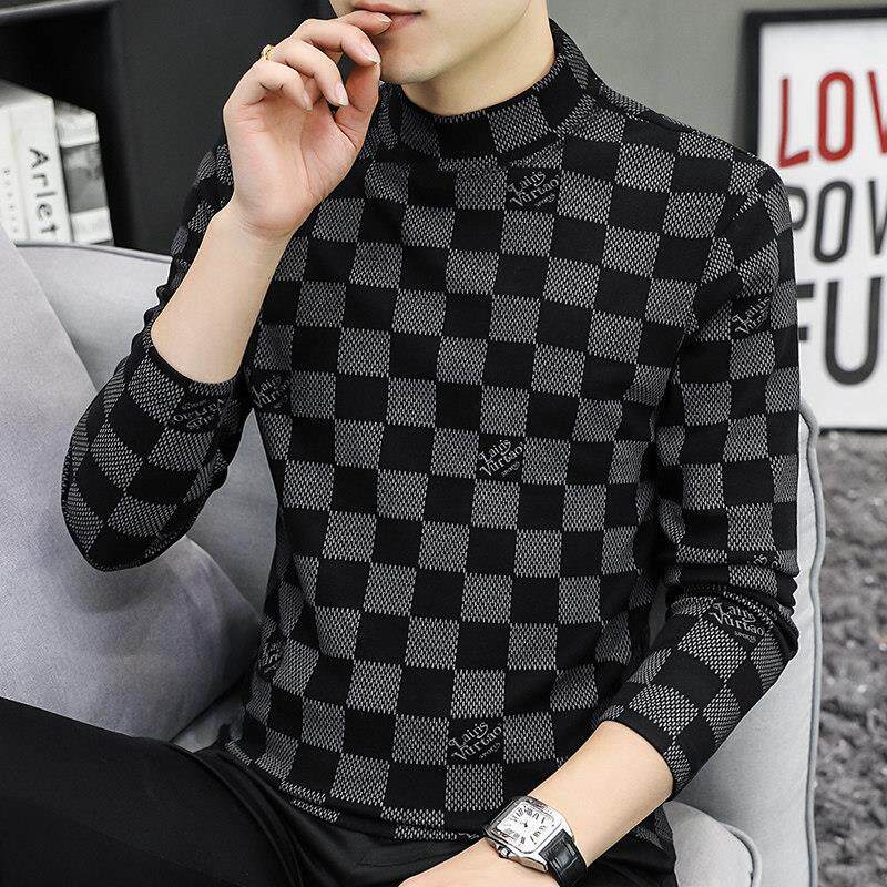 春秋季半高领长袖t恤男潮流修身德绒内搭保暖打底衫男士秋装上衣