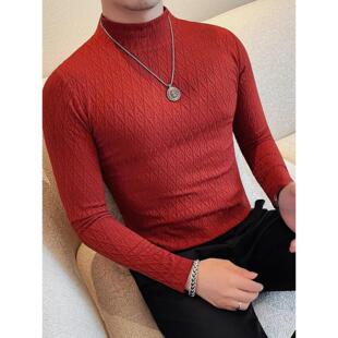 欧洲站高级感半高领长袖t恤男春秋时尚修身帅气百搭打底衫体恤潮