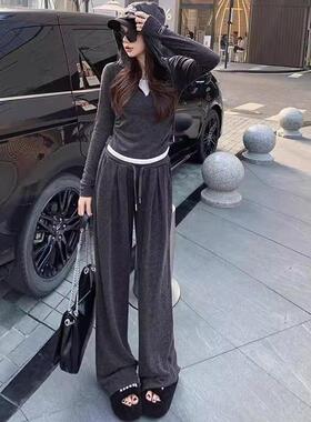 LILY MOST休闲 运动套装女春季新款洋派假两件连帽运动衫长裤两件