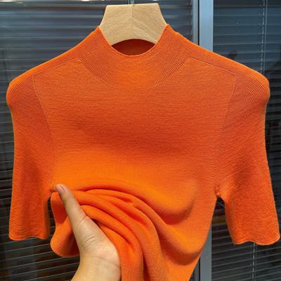 韩国100%羊毛衫女春秋新款半高领五分袖内搭打底衫修身显瘦上衣潮