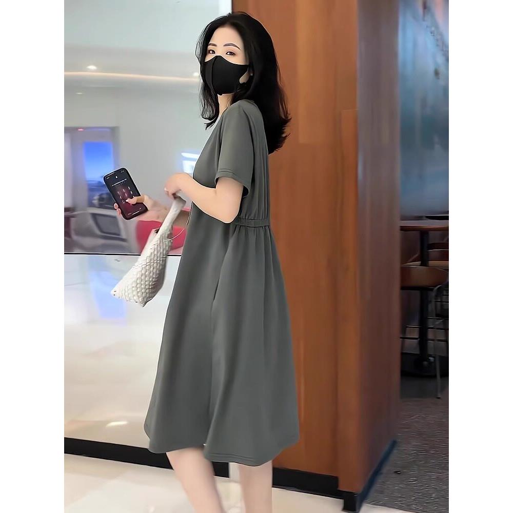 休闲短袖连衣裙女夏季新款大码宽松显瘦垂感小个子女士中长裙子薄