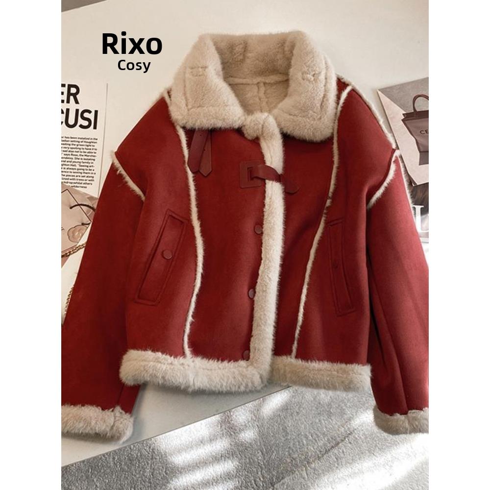 RIXO COSY加厚羊羔毛机车棉衣外套女麂皮绒皮毛一体加绒棉服