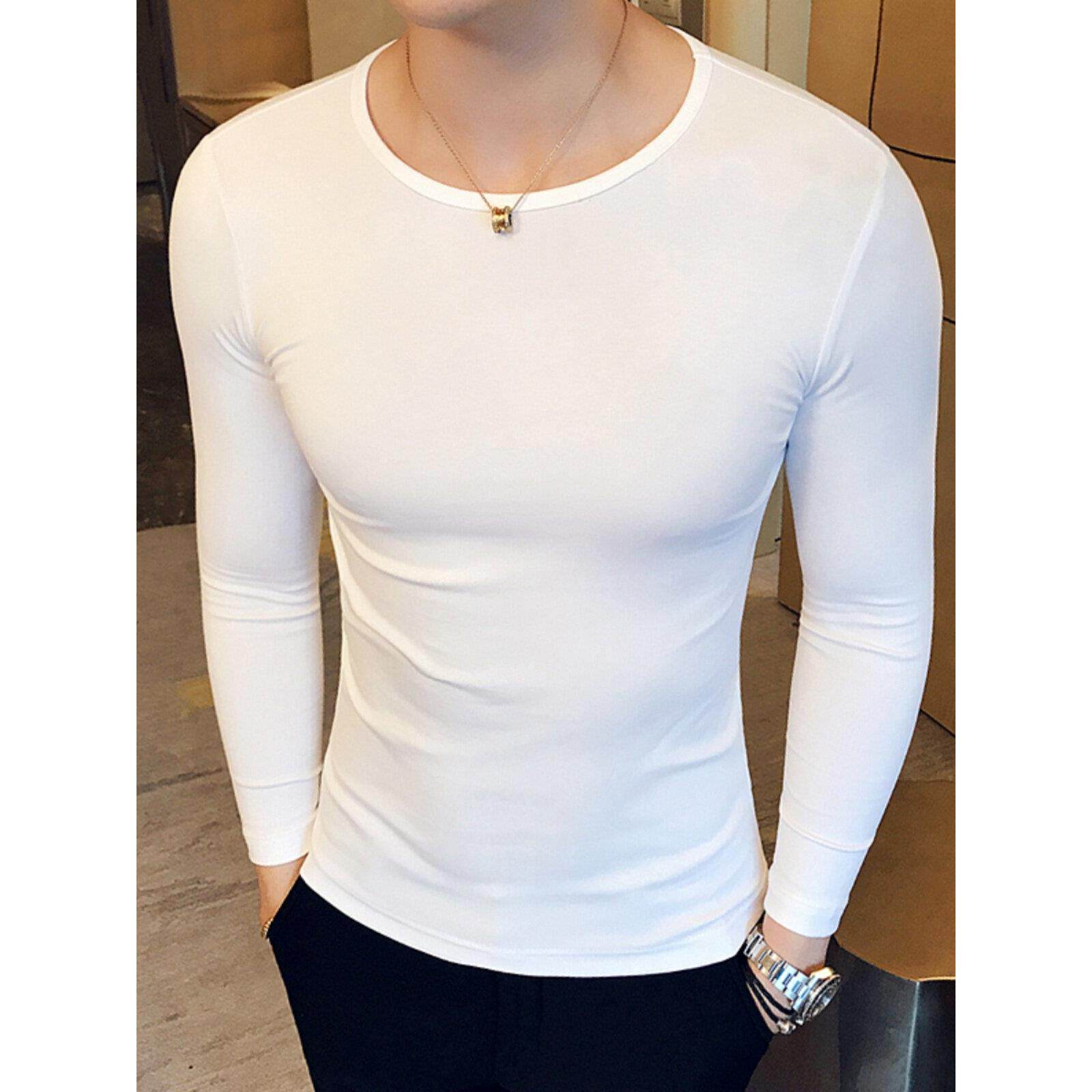 时尚百搭紧身纯棉打底衫男流行白色圆领长袖T恤韩版潮流简约休闲