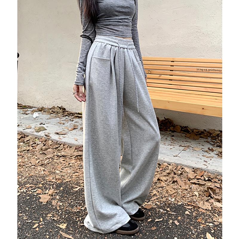 韩国灰色休闲裤女秋冬新款高腰显瘦阔腿裤慵懒风松紧腰抽绳卫裤子