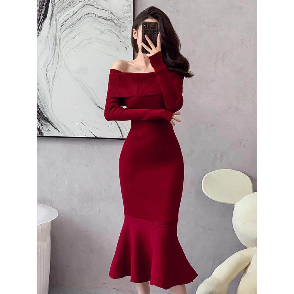 法式高级单肩宴会晚礼服春夏性感紧身抱臀鱼尾裙针织女装