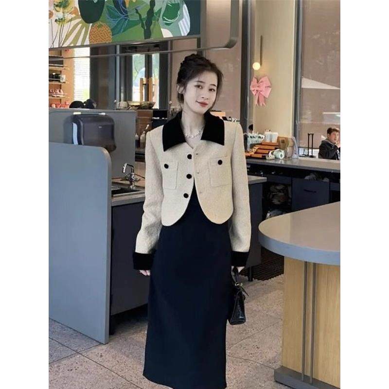 欧洲站秋装女2025新款法式高级感洋气外套配吊带连衣裙子两件套装