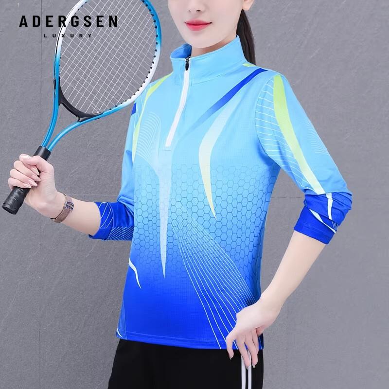 ADERGSEN长袖印花速干T恤女春季蓝色立领运动户外风拉链宽松上衣