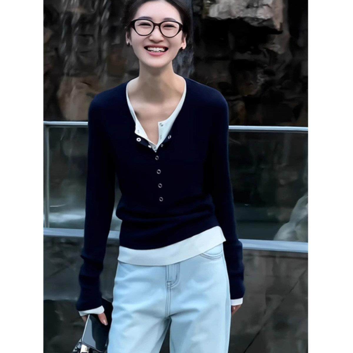 LEEDI高级感藏青色假两件针织衫t恤女春季新款设计感小众修身上衣