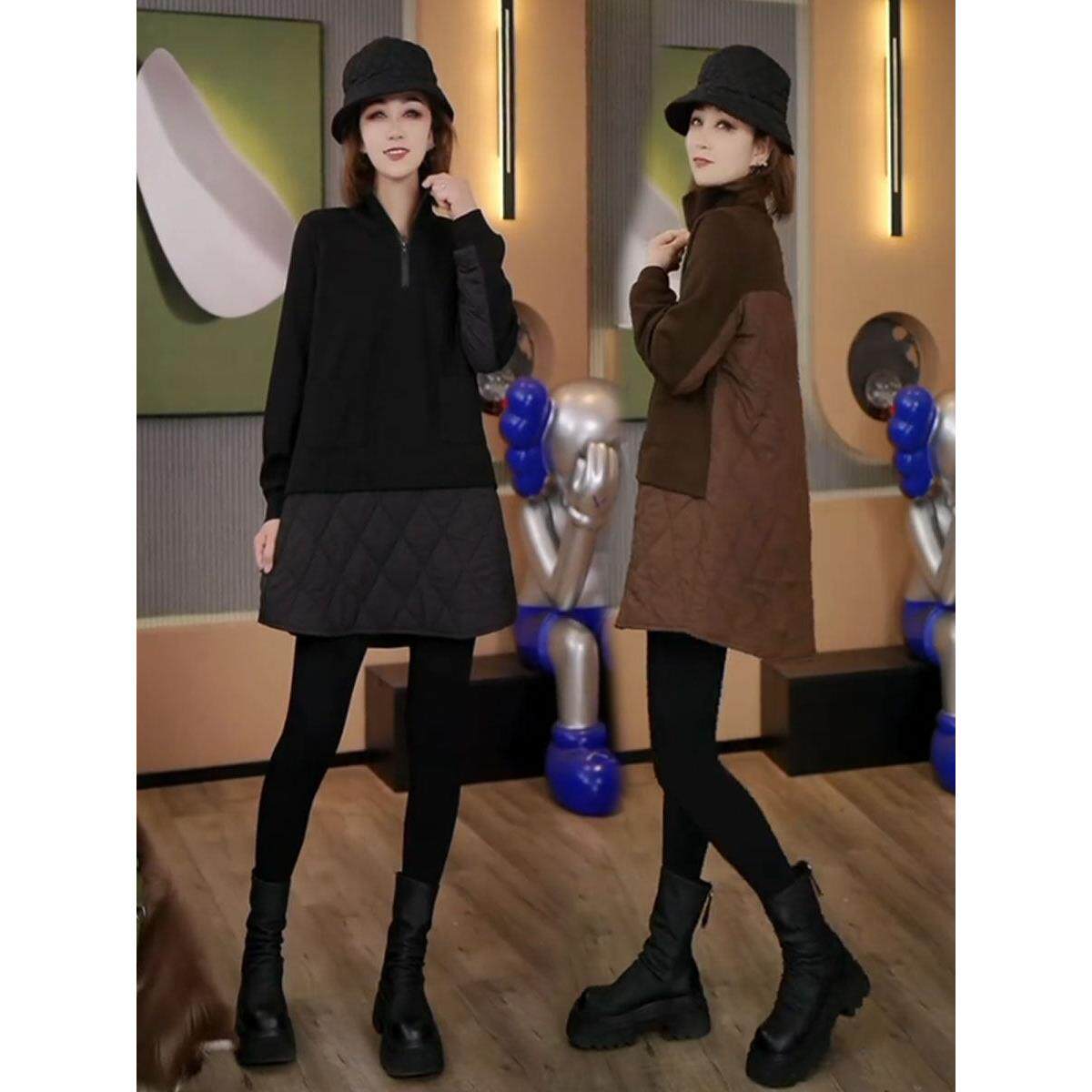 香港高级感假两件加厚卫衣女2025冬款中长款加绒遮肚长袖拼接上衣