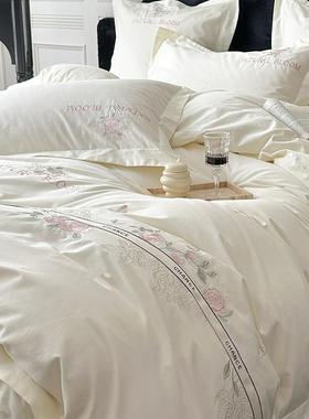 A类少女心200S长绒棉四件套纯棉花卉刺绣被套全棉天丝床笠款床品4