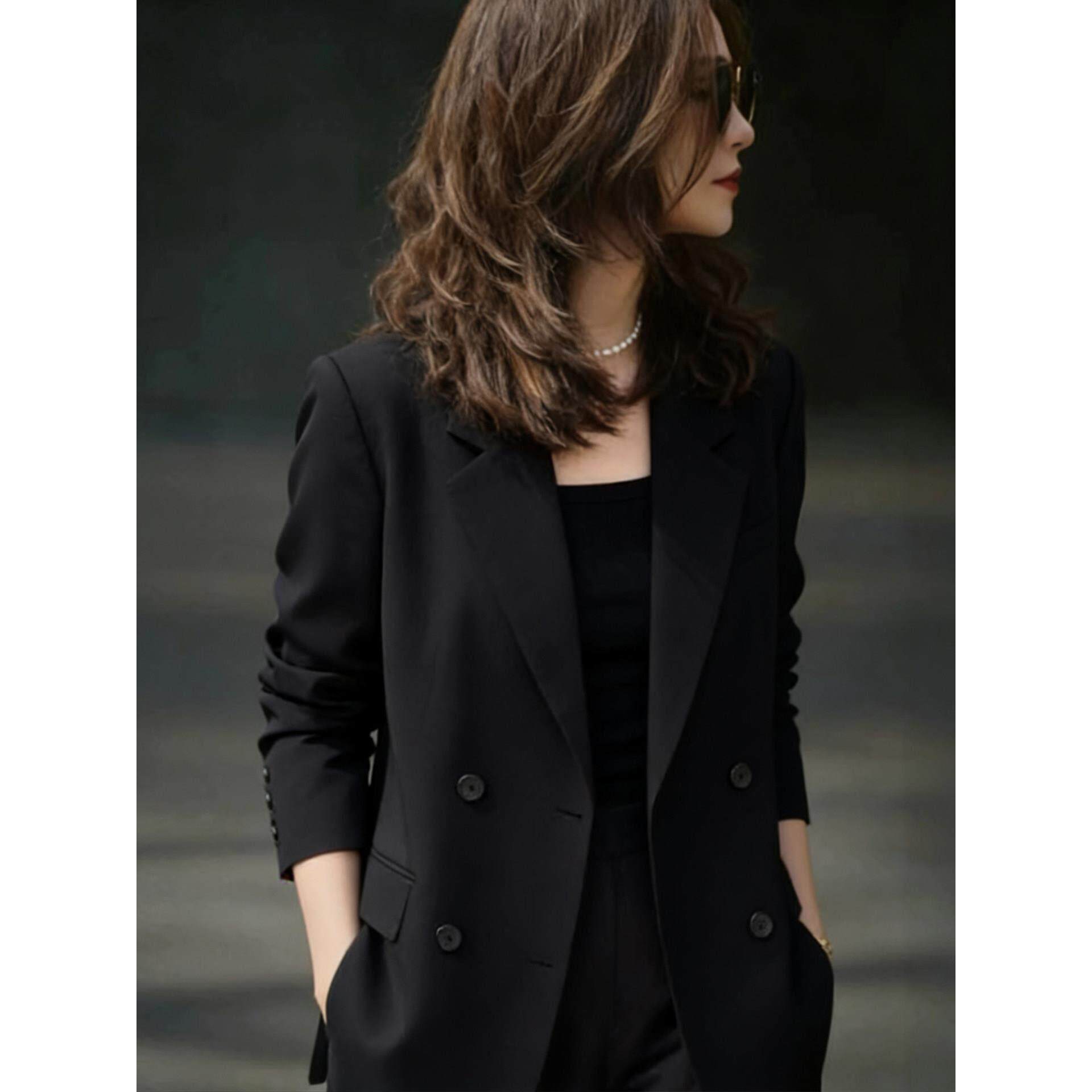 高档轻奢高级感黑色翻领双排扣西装外套女新款超好看宽松显瘦西服