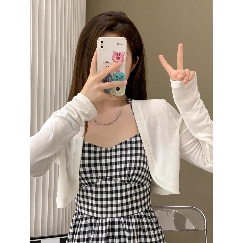 日系短款冰丝防晒开衫女夏薄款配吊带披肩针织上衣法式小坎肩罩衫