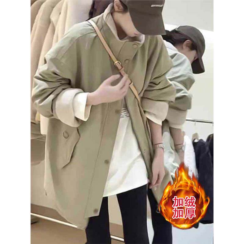 香港加绒派克服风衣加厚外套2025冬季新款拼接羊羔毛中长上衣棉袄