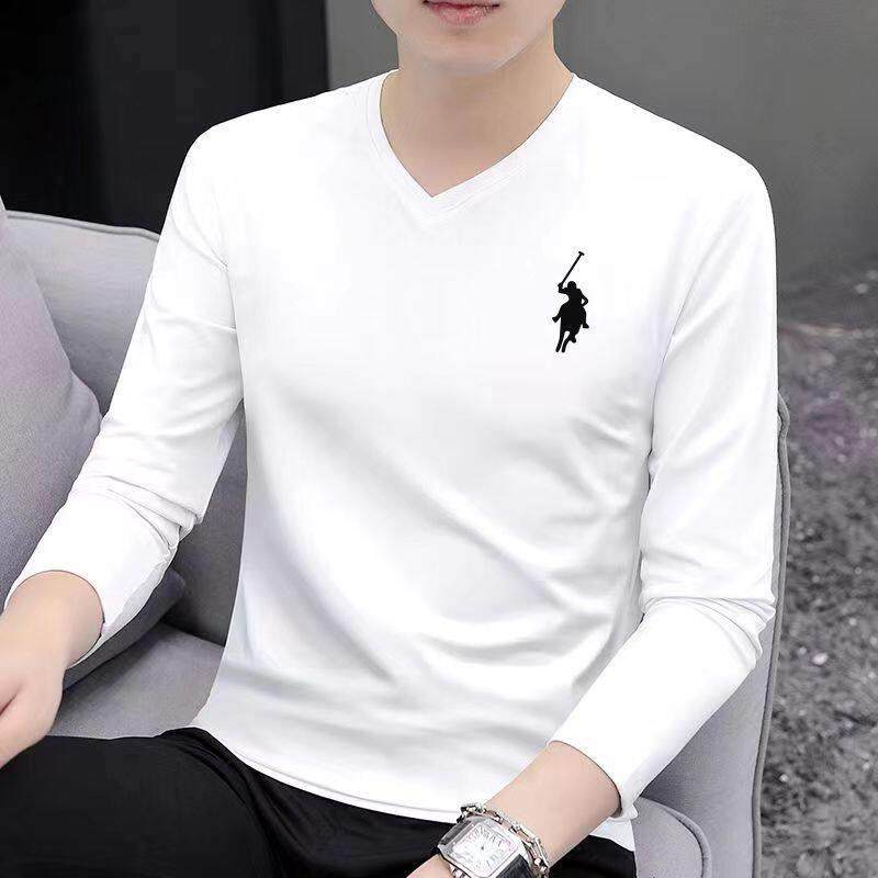 白色t恤男长袖春秋韩版潮流修身薄款纯棉休闲男士内搭V领打底衫