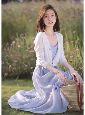 欧洲站秋装女款2025年新款法式茶歇蓝色吊带洋装子开 衫两件式套