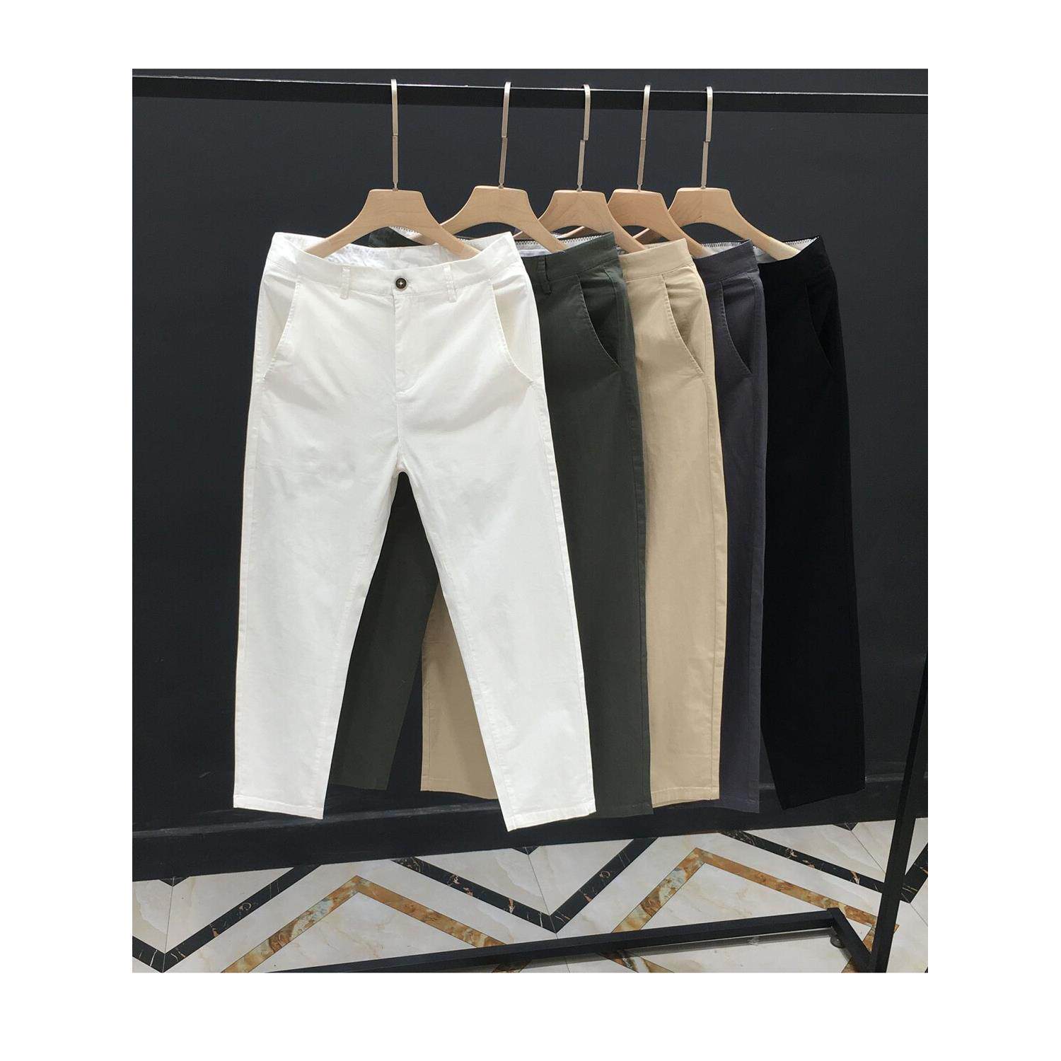 秋季白色休闲裤男士英伦直筒棉质商务修身潮牌男款商务九分裤子潮