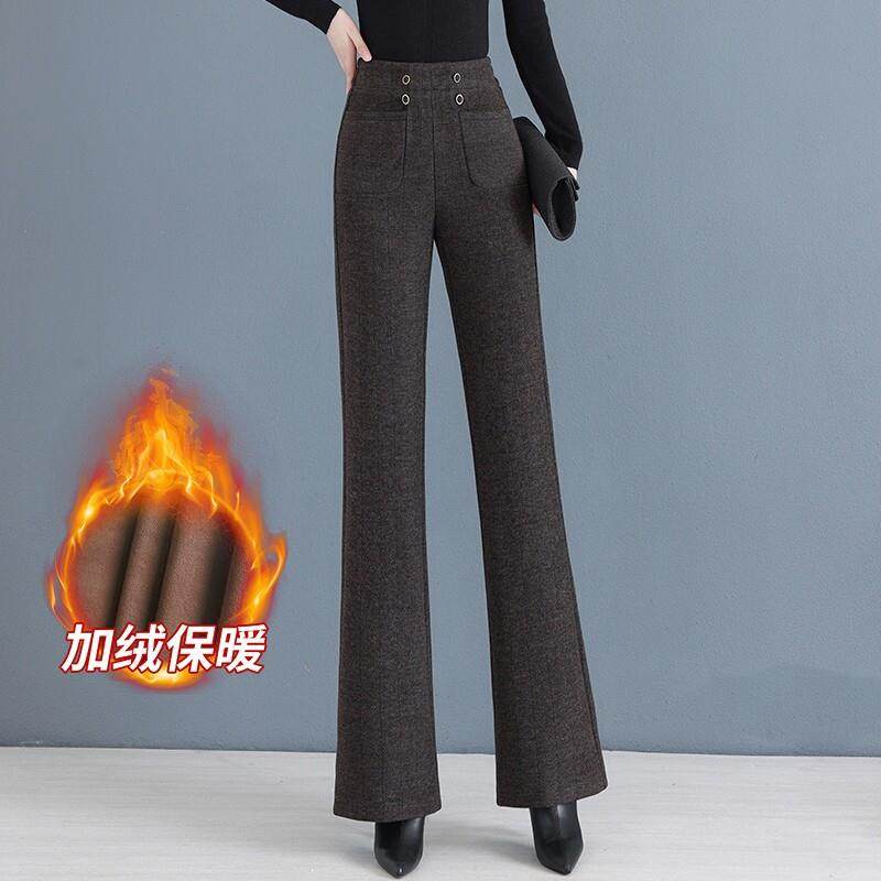 羊毛呢直筒裤2025秋冬季女新款高腰阔腿窄版加绒加厚休闲微喇裤子