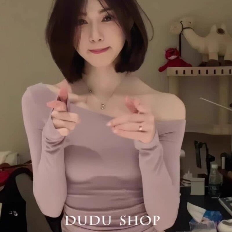 日系紫色一字肩露肩长袖T恤女春秋别致绝美内搭修身打底纯欲上衣