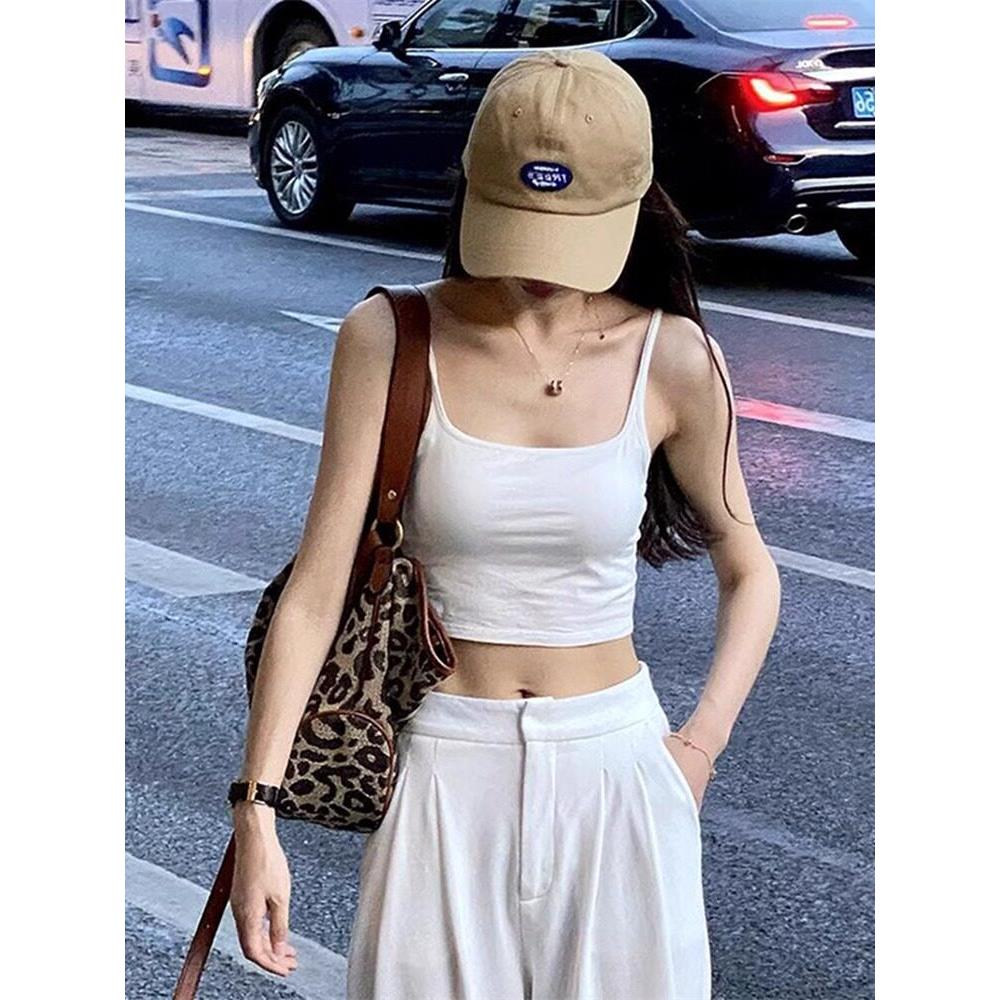 日系纯欲风短款白色小吊带背心女内搭夏季带胸垫露脐运动无袖上衣