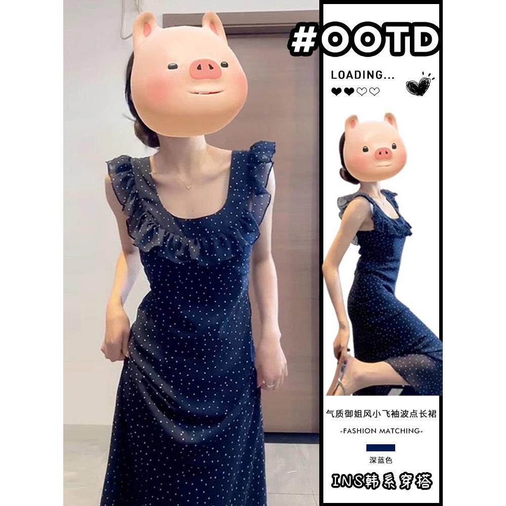 欧洲站2025年小飞袖波点碎花连衣裙子女法式气质海边度假吊带长裙