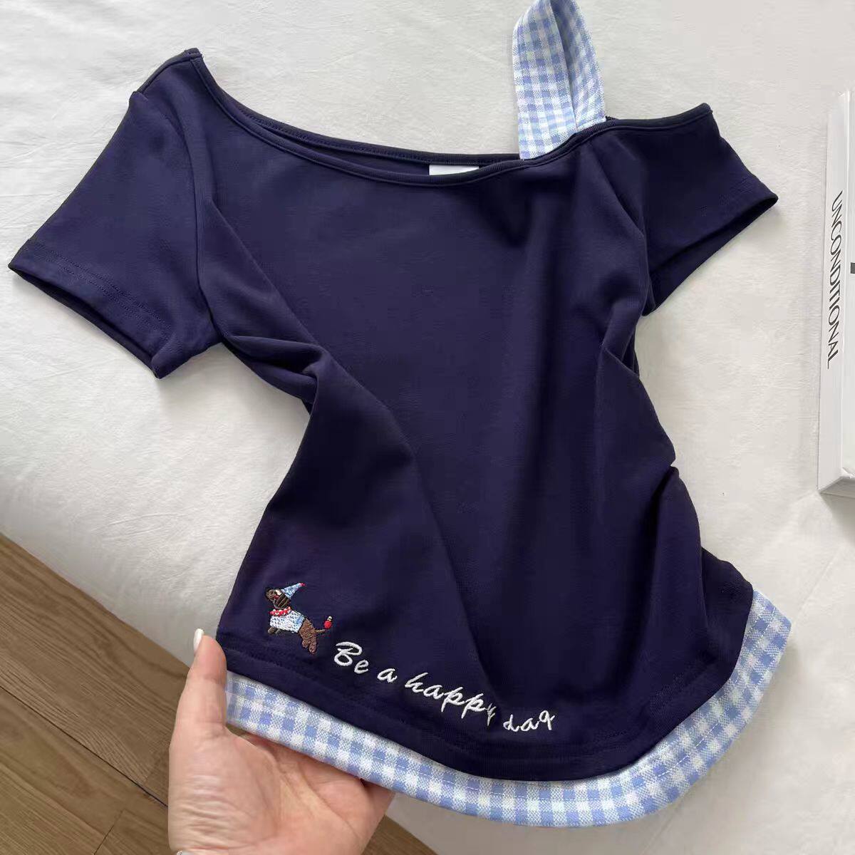 女大童2026夏装新款短袖T恤初中生韩系斜肩洋气上衣半袖学生衣服图片