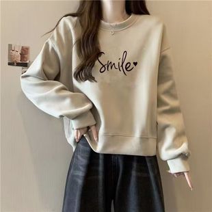 女大童短款圆领卫衣2025秋冬季新款加绒加厚初中高中学生宽松上衣