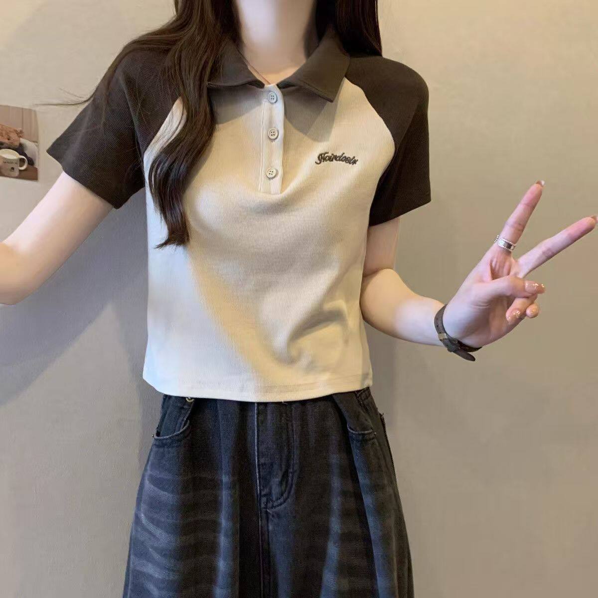 初中学生polo领短袖T恤女2026夏装新款女大童短款插肩半袖上衣服图片