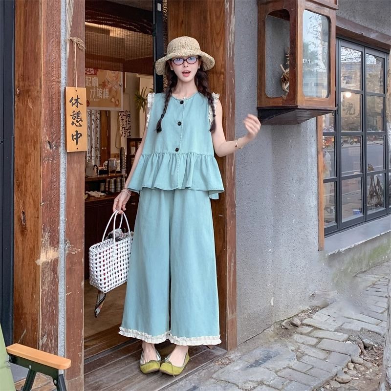 大码木耳边拼接马甲牛仔阔腿裤套装女胖mm300斤减龄学院风两件套