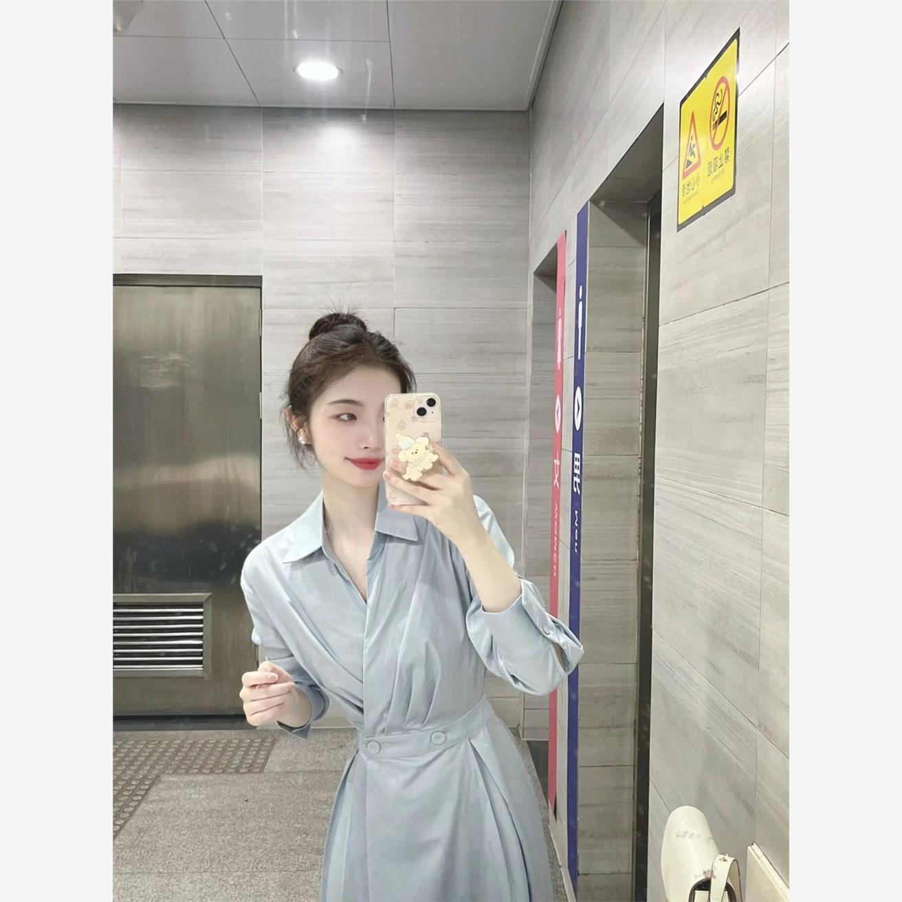 微胖mm法式蓝色衬衫连衣裙女设计感收腰显瘦气质长袖裙