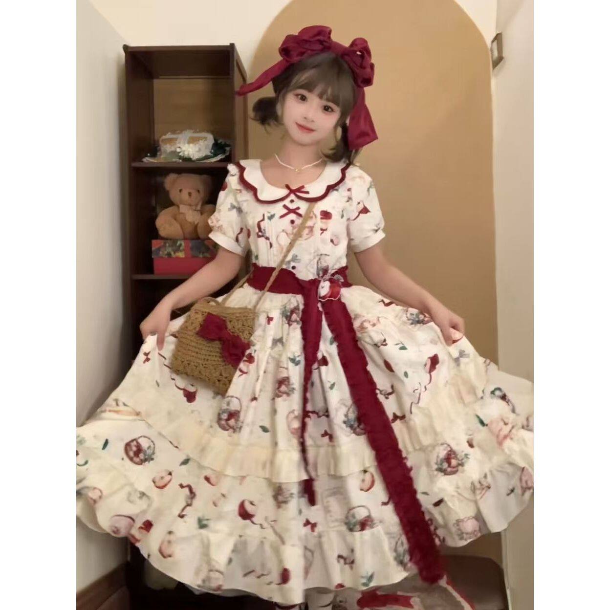 日系甜美小个子Lolita印花娃娃领连衣裙女夏季蝴蝶结绑带收腰裙子