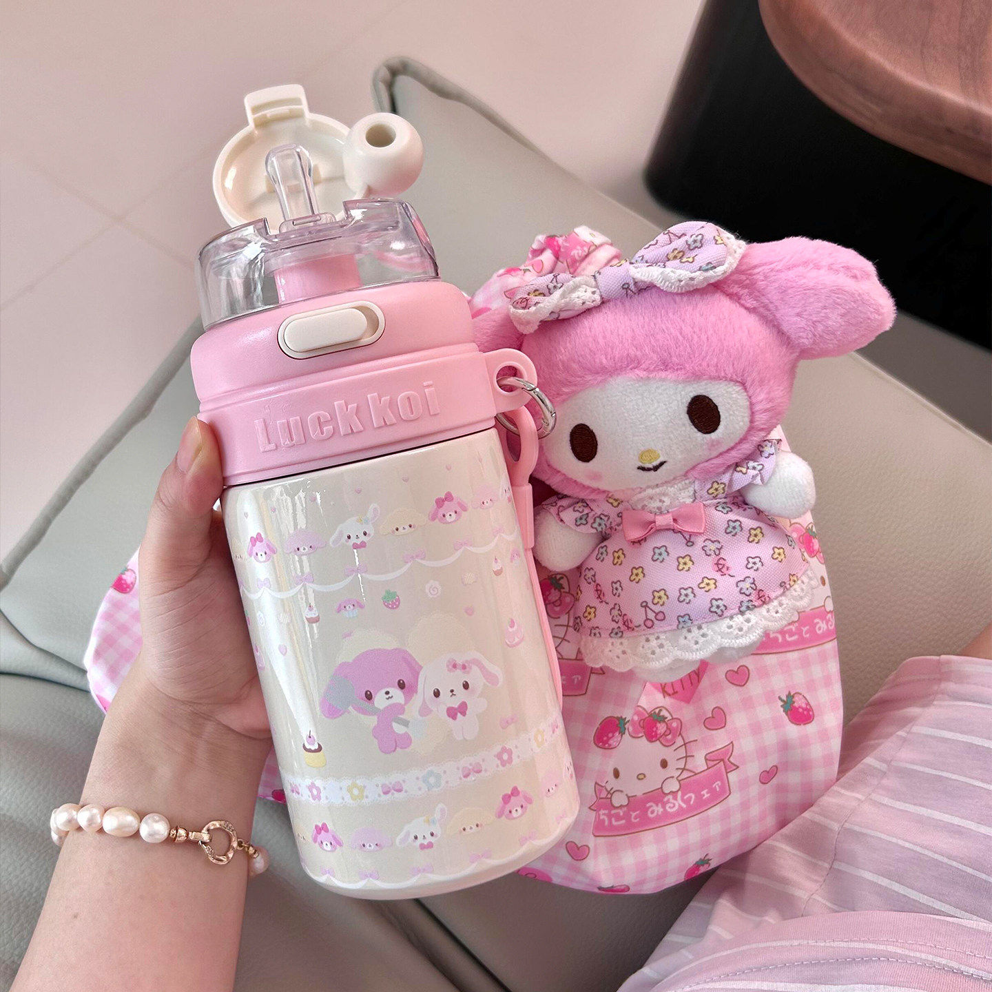 美乐兔保温杯316不锈钢大容量便携吸管双饮水杯高颜值卡通可爱ins