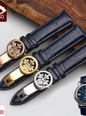 适用原装秀贝真皮表带百达翡丽复杂功能计时6104G-001深蓝色表带2