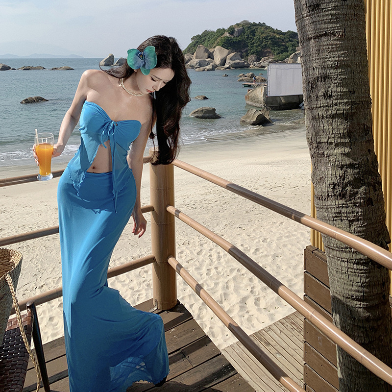 AZM短款蝴蝶系带抹胸小背心+半身裙套装女度假礼服2025夏季新款