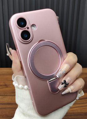 适用苹果17手机壳iPhone16Pro自带玻璃镜膜14Plus合金15折叠支架13磁吸充电12防摔硅胶简约保护套苹果粉B67