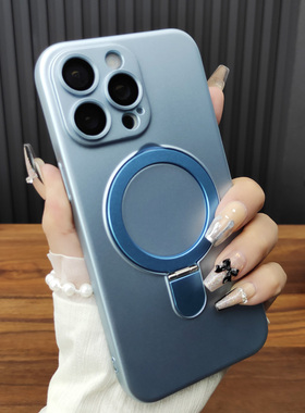 适用苹果17手机壳iPhone16Pro自带玻璃镜膜14Plus合金15折叠支架13磁吸充电12防摔硅胶全包保护套远峰蓝B67