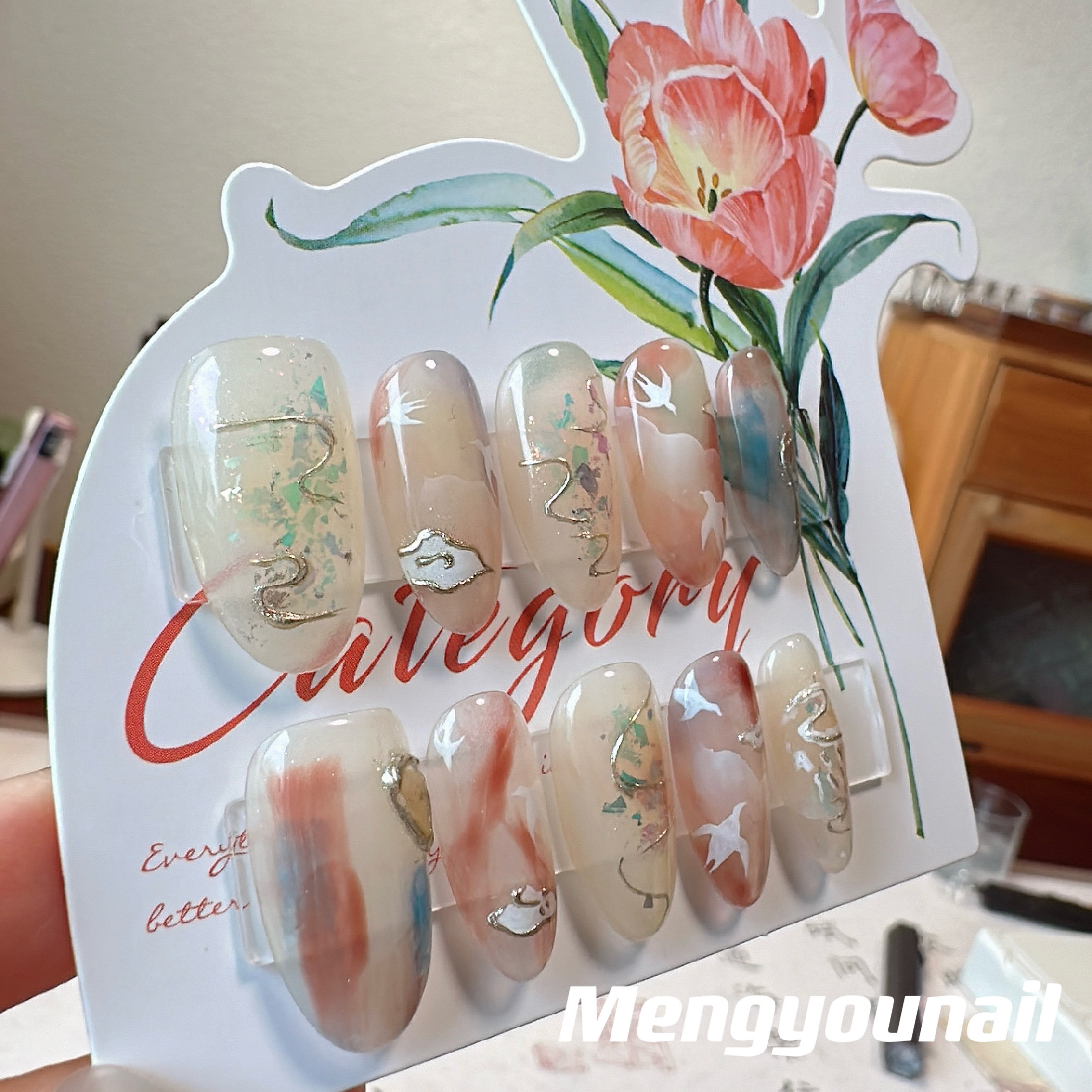 古风国风新中式美甲祥云小燕子晕染纯手绘穿戴甲定制