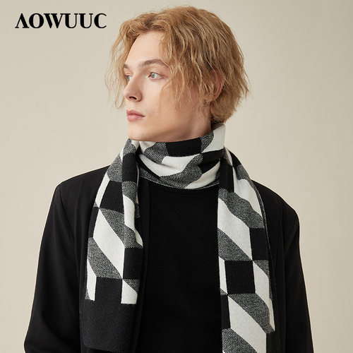 aowuuc羊毛围巾男士高档格子条纹