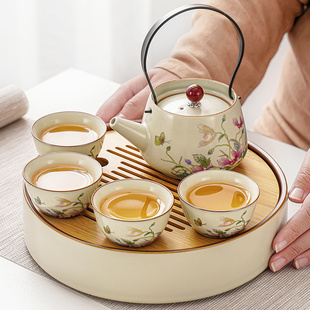 汝窑功夫茶具套装家用中式提梁壶女士喝茶一壶四杯茶盘茶壶品茗杯