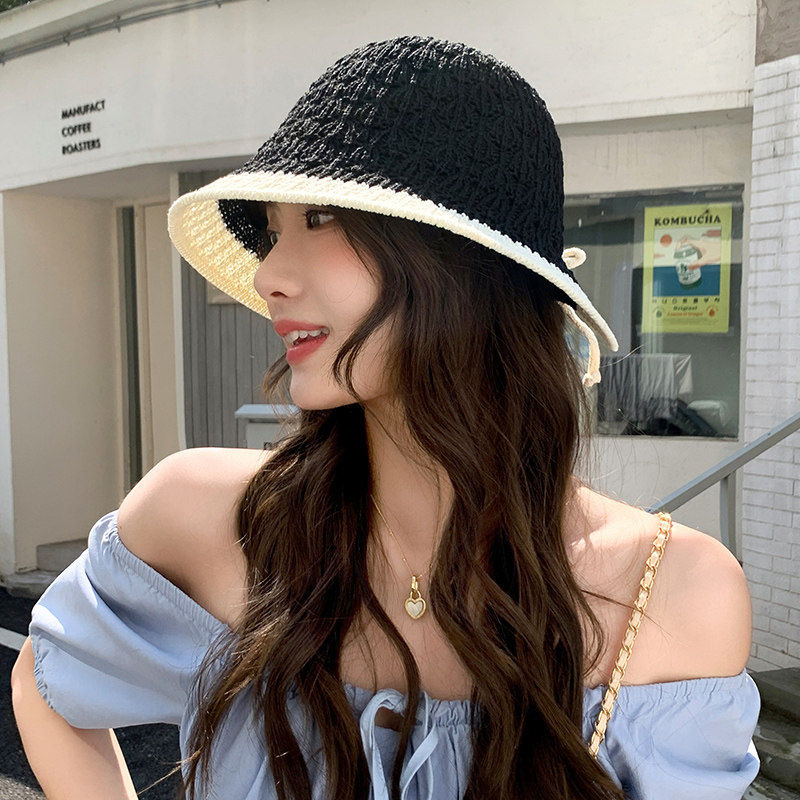 韩版镂空针织拼色渔夫帽子女款简约透气盆帽夏季蝴蝶结防晒遮阳帽