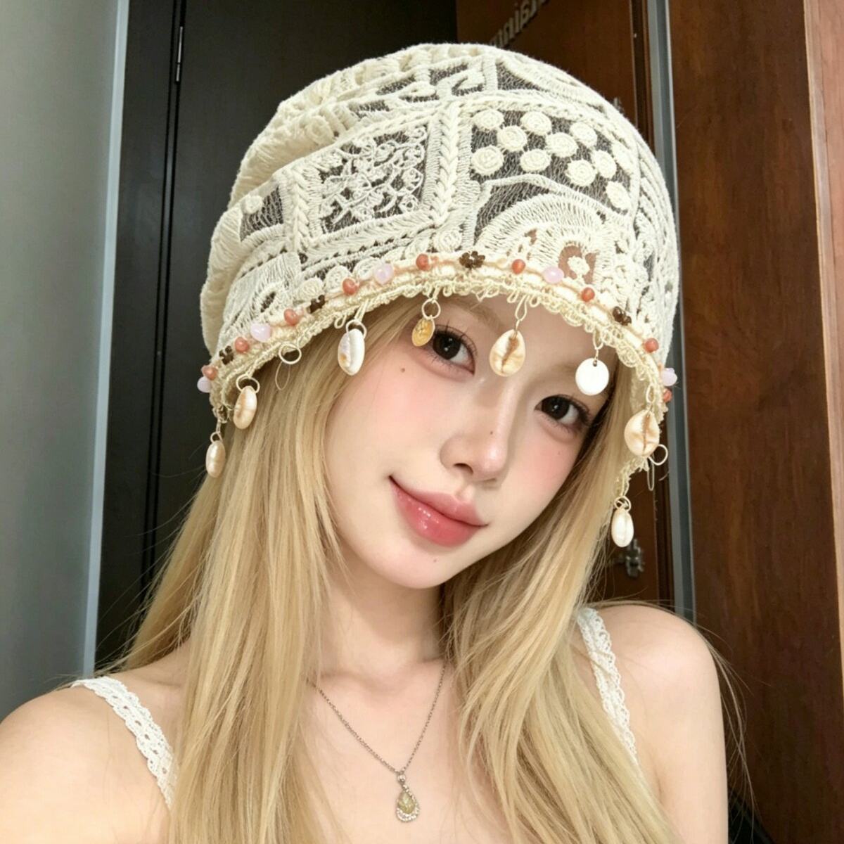 夏季蕾丝网纱贝壳串珠堆堆帽女