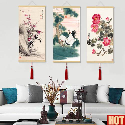 鸟画仙鹤图梅竹图丝绸画卷N轴画绢画名家字画实木挂轴玄关装饰