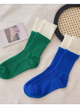 ins超火克莱茵蓝色袜子女时尚韩版百搭绿色中筒袜简约休闲堆堆袜